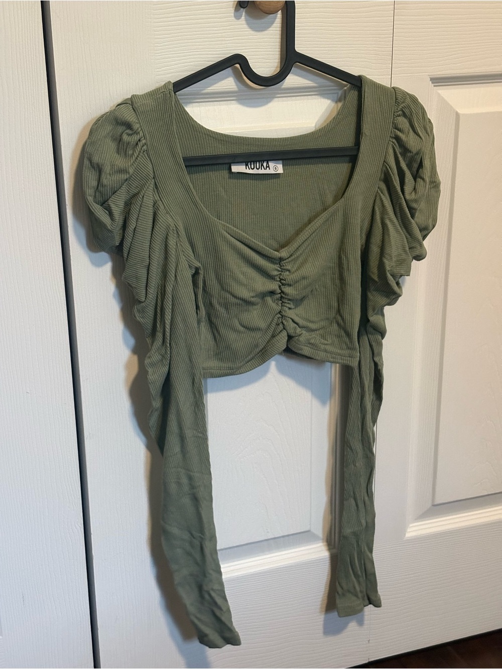 Kookai Olive Green Ruched Puff-Sleeve Crop Top